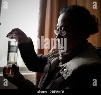 (190309) -- LHASA, 9 marzo 2019 (Xinhua) -- Ji Qiumei controlla campioni sperimentali presso la Tibet Academy of Agricultural and Animal Husbandry Sciences di Lhasa, regione autonoma del Tibet della Cina sud-occidentale, 28 febbraio 2019. Tagliare le fette da un gigot mentre chiacchierate con i pastori locali nel fluente tibetano, Ji Qiumei, sottili e con occhiali, si adatta perfettamente alla prateria. Nato nel 1965, Ji ha studiato yak tibetani per 30 anni. In questo campo, è l'unica ricercatrice femminile e l'unica con un dottorato. Con l'obiettivo di aiutare i pastori ad uscire dalla povertà attraverso la sua ricerca, Ji vede delle praterie Foto Stock