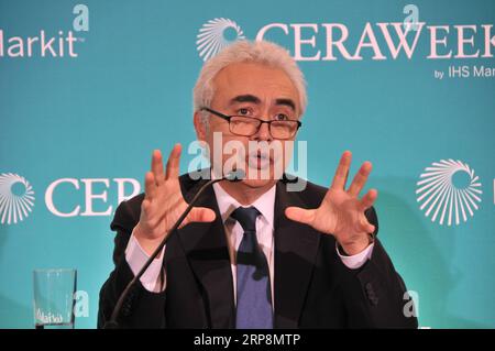 (190311) -- HOUSTON (Stati Uniti), 11 marzo 2019 (Xinhua) -- Fatih Birol, direttore esecutivo della International Energy Agency (IEA), parla in una conferenza stampa a Houston, Texas, Stati Uniti, l'11 marzo 2019. La seconda ondata di rivoluzione dello scisto americano sta arrivando e scuoterà il flusso internazionale del commercio di petrolio e gas, ha detto Fatih Birol alla conferenza stampa. La 38a CERAWeek ha dato il via lunedì a Houston, la quarta città più grande degli Stati Uniti. (Xinhua/Liu Liwei) U.S-HOUSTON-CERAWEEK-OPENING PUBLICATIONxNOTxINxCHN Foto Stock