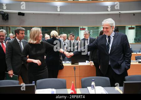 (190314) -- BRUXELLES, 14 marzo 2019 -- Federica Mogherini (L, fronte), alto rappresentante dell'Unione europea per gli affari esteri e la politica di sicurezza, e Christos Stylianides (R), Commissario europeo per gli aiuti umanitari e la gestione delle crisi, partecipano alla terza conferenza sul sostegno al futuro della Siria e della regione - riunione dei ministri degli Esteri al Consiglio dell'UE a Bruxelles il 14 marzo 2019. ) BELGIO-BRUXELLES-UE-SIRIA-CONFERENZA ZhengxHuansong PUBLICATIONxNOTxINxCHN Foto Stock