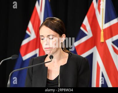 News Themen der Woche KW11 News Bilder des Tages 190316 - WELLINGTON, 16 marzo 2019 Xinhua -- il primo ministro neozelandese Jacinda Ardern reagisce durante un briefing a Wellington, capitale della nuova Zelanda, il 16 marzo 2019. Jacinda Ardern ha ribadito al pubblico sabato mattina che la legge sulle armi del paese sarà cambiata. Uomini armati aprirono il fuoco in due moschee separate a Christchurch venerdì, uccidendo 49 persone e ferendone altre 48. Xinhua/Guo lei NEW ZEALAND-WELLINGTON-PM-CHRISTCHURCH-ATTACKS-BRIEFING PUBLICATIONxNOTxINxCHN Foto Stock