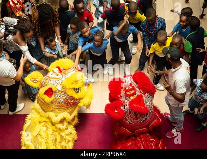 (190327) -- LAGOS, 27 marzo 2019 (Xinhua) -- Lion Dance Performers della Huaxing Arts Troupe Interact with Children al Disbury College di Lagos, Nigeria, 14 marzo 2019. Per più di tre mesi, la Huaxing Arts Troupe, composta principalmente da giovani artisti nigeriani, ha girato alcune scuole primarie e secondarie locali a Lagos, promuovendo le culture cinese e nigeriana attraverso la musica e la danza. (Xinhua/LYU Shuai) NIGERIA-LAGOS-COMPAGNIA D'ARTE CINESE PUBLICATIONxNOTxINxCHN Foto Stock