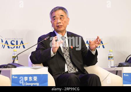 (190329) -- BOAO, 29 marzo 2019 (Xinhua) -- li Dongrong, presidente della National Internet Finance Association, parla alla sessione delle opportunità e delle sfide affrontate dal FinTech durante la conferenza annuale del Forum di Boao per l'Asia a Boao, nella provincia di Hainan, nel sud della Cina, il 29 marzo 2019. (Xinhua/Yang Guanyu) CHINA-BOAO FORUM-SESSION-FINTECH (CN) PUBLICATIONxNOTxINxCHN Foto Stock