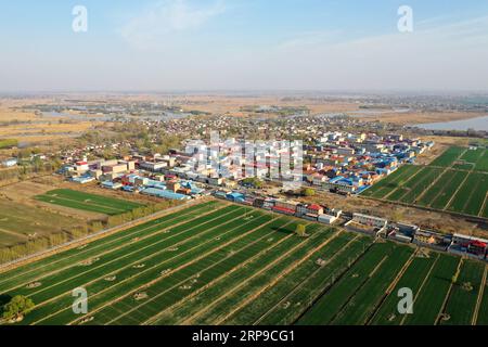 (190402) -- XIONG AN, 2 aprile 2019 (Xinhua) -- foto aerea scattata il 31 marzo 2019 mostra lo scenario di un villaggio nell'area del lago Baiyangdian nella nuova area di Xiongan, nella provincia di Hebei nella Cina settentrionale. Il 1 aprile 2017, la Cina annunciò i piani per la creazione della nuova area di Xiongan, a circa 100 km a sud-ovest di Pechino. Conosciuta come la città del futuro della Cina, Xiongan è stata progettata per diventare una zona di innovazione, una città digitale sincronizzata con quella mattonella e un'area vivibile e adatta agli affari. (Xinhua/Wang Xiao) CHINA-XIONGAN NEW AREA-ANNIVERSARY-AERIAL VIEW (CN) PUBLICATIONxNOTxINxCHN Foto Stock