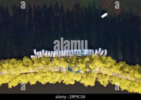 (190402) -- XIONG AN, 2 aprile 2019 (Xinhua) -- foto aerea scattata il 31 marzo 2019 mostra il lago Baiyangdian nella nuova area di Xiongan, nella provincia di Hebei nella Cina settentrionale. Il 1 aprile 2017, la Cina annunciò i piani per la creazione della nuova area di Xiongan, a circa 100 km a sud-ovest di Pechino. Conosciuta come la città del futuro della Cina, Xiongan è stata progettata per diventare una zona di innovazione, una città digitale sincronizzata con quella mattonella e un'area vivibile e adatta agli affari. (Xinhua/Xing Guangli) CHINA-XIONGAN NEW AREA-ANNIVERSARY-AERIAL VIEW (CN) PUBLICATIONxNOTxINxCHN Foto Stock