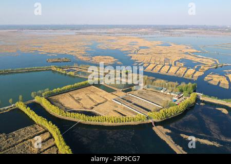 (190402) -- XIONG AN, 2 aprile 2019 (Xinhua) -- foto aerea scattata il 31 marzo 2019 mostra il lago Baiyangdian nella nuova area di Xiongan, nella provincia di Hebei nella Cina settentrionale. Il 1 aprile 2017, la Cina annunciò i piani per la creazione della nuova area di Xiongan, a circa 100 km a sud-ovest di Pechino. Conosciuta come la città del futuro della Cina, Xiongan è stata progettata per diventare una zona di innovazione, una città digitale sincronizzata con quella mattonella e un'area vivibile e adatta agli affari. (Xinhua/Wang Xiao) CHINA-XIONGAN NEW AREA-ANNIVERSARY-AERIAL VIEW (CN) PUBLICATIONxNOTxINxCHN Foto Stock