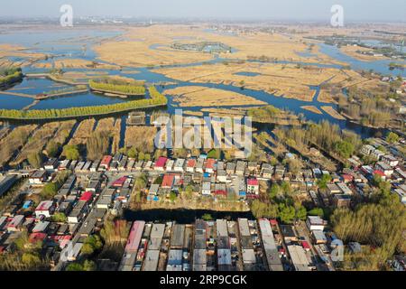 (190402) -- XIONG AN, 2 aprile 2019 (Xinhua) -- foto aerea scattata il 31 marzo 2019 mostra un villaggio nel lago Baiyangdian nella nuova area di Xiongan, nella provincia di Hebei nella Cina settentrionale. Il 1 aprile 2017, la Cina annunciò i piani per la creazione della nuova area di Xiongan, a circa 100 km a sud-ovest di Pechino. Conosciuta come la città del futuro della Cina, Xiongan è stata progettata per diventare una zona di innovazione, una città digitale sincronizzata con quella mattonella e un'area vivibile e adatta agli affari. (Xinhua/Wang Xiao) CHINA-XIONGAN NEW AREA-ANNIVERSARY-AERIAL VIEW (CN) PUBLICATIONxNOTxINxCHN Foto Stock