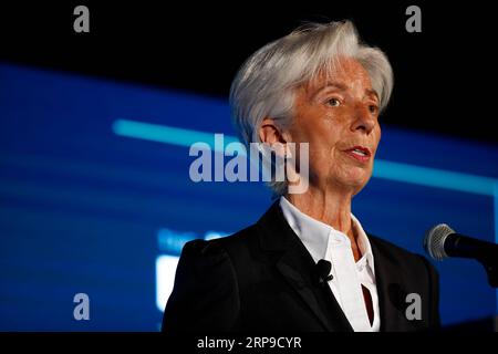 (190403) -- WASHINGTON D.C., 3 aprile 2019 (Xinhua) -- Amministratore delegato del Fondo monetario Internazionale (FMI) Christine Lagarde parla durante il 13 ° Annual Capital Markets Summit presso la sede della camera di commercio degli Stati Uniti a Washington D.C., negli Stati Uniti, 2 aprile 2019. Lagarde ha detto qui martedì che la sua istituzione prevede una decelerazione sincronizzata della crescita economica globale negli anni a venire. Ha anche affermato che l'imposizione di dazi all'importazione non eliminerà i deficit commerciali e causerà ferite potenzialmente autoinflitte. (Xinhua/Ting Shen) U.S.-WASHINGTON D.C.-FMI-GESTIONE DIRETTA Foto Stock