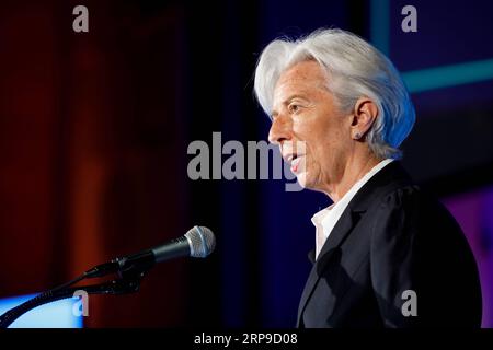 (190403) -- WASHINGTON D.C., 3 aprile 2019 (Xinhua) -- Amministratore delegato del Fondo monetario Internazionale (FMI) Christine Lagarde parla durante il 13 ° Annual Capital Markets Summit presso la sede della camera di commercio degli Stati Uniti a Washington D.C., negli Stati Uniti, 2 aprile 2019. Lagarde ha detto qui martedì che la sua istituzione prevede una decelerazione sincronizzata della crescita economica globale negli anni a venire. Ha anche affermato che l'imposizione di dazi all'importazione non eliminerà i deficit commerciali e causerà ferite potenzialmente autoinflitte. (Xinhua/Ting Shen) U.S.-WASHINGTON D.C.-FMI-GESTIONE DIRETTA Foto Stock