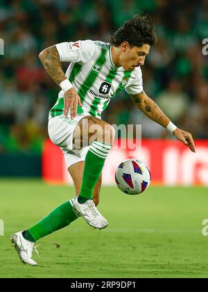 Hector Bellerin del Real Betis durante la partita di la Liga tra Real Betis e Rayo Vallecano giocata al Benito Villamarin Stadium il 2 settembre a Siviglia, in Spagna. (Foto di Antonio Pozo / PRESSINPHOTO) Foto Stock