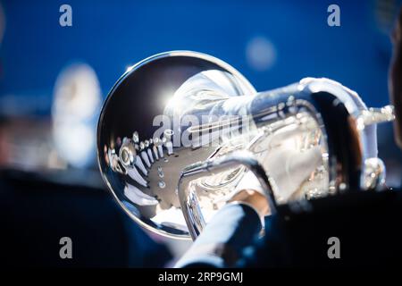 02 settembre 2023: La Air Force Band nel tunnel durante una partita di football NCAA della stagione regolare tra i Robert Morris Colonials e gli Air Force Falcons il 2 settembre 2023, al Falcon Stadium nella United States Air Force Academy, CO.. Mat Gdowski/CSM Foto Stock