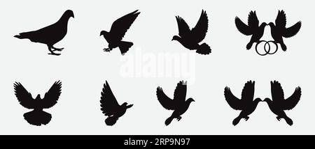 Elegance in Flight, set di colombe dalla silhouette elegante per un'atmosfera serena e tranquilla Illustrazione Vettoriale