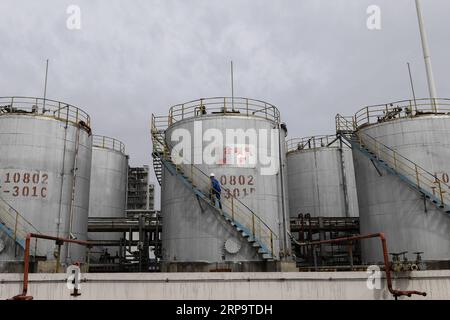 (190416) -- ORDOS, 16 aprile 2019 (Xinhua) -- Un lavoratore esamina le strutture nella fabbrica di liquefazione del carbone di CHN Energy a Ordos, regione autonoma della Mongolia interna della Cina settentrionale, 12 aprile 2019. (Xinhua/Liu lei) CHINA-INNER MONGOLIA-ORDOS-COAL LIQUEFACTION (CN) PUBLICATIONxNOTxINxCHN Foto Stock