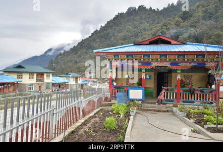 (190417) -- LHASA, 17 aprile 2019 -- foto scattata il 29 marzo 2017 mostra una casa residenziale nella contea di Medog, nella città di Nyingchi nella regione autonoma del Tibet della Cina sud-occidentale. Medog, che significa loto segreto in lingua tibetana, si trova a Nyingchi nel Tibet sud-orientale. Essendo sulla parte inferiore del fiume Yarlung Zangbo e a sud dell'Himalaya, la contea di Medog vanta incredibili paesaggi naturali grazie alla sua posizione geografica unica. Prima dell'apertura del traffico, le persone non potevano arrivare a Medog tranne che a piedi. Entrare e uscire da Medog e' stato un viaggio pericoloso. Frequente disasto naturale Foto Stock