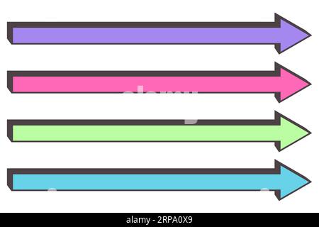 Freccia dritta lunga. Linea orizzontale del cursore in grassetto a destra. Elementi di puntamento colorati di base isolati su sfondo bianco. Vettore Illustrazione Vettoriale