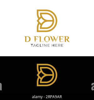 Luxury Letter D con fiori di tulipano rosa per Fashion Beauty Spa Wellness Boutique Perfume Florist Logo Template Illustrazione Vettoriale