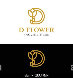 Luxury Letter D con fiori di tulipano rosa per Fashion Beauty Spa Wellness Boutique Perfume Florist Logo Template Illustrazione Vettoriale