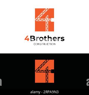 Gru numero 4 semplice per gru da costruzione modello di progettazione logo aziendale per sollevamento di macchinari pesanti servizio di demolizione Illustrazione Vettoriale