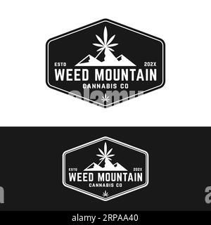 Timbro vintage Weed Mountain Badge per Cannabis Weed marijuana Hashish Ganja Hemp CBD Plant Farm Garden Business Shop Brand Logo Design Template Illustrazione Vettoriale