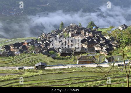 (190502) -- QIANDONGNAN, 2 maggio 2019 (Xinhua) -- foto scattata il 1° maggio 2019 mostra campi terrazzati nella città di Jiabang della contea di Congjiang, nella provincia di Guizhou nella Cina sud-occidentale. (Xinhua/Luo Jinglai) CHINA-GUIZHOU-TERRACED FIELDS (CN) PUBLICATIONxNOTxINxCHN Foto Stock