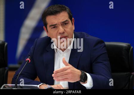 (190507) -- ATENE, 7 maggio 2019 -- il primo ministro greco Alexis Tsipras parla durante una conferenza stampa ad Atene, in Grecia, il 7 maggio 2019. Martedì il governo greco ha annunciato un pacchetto di misure per alleggerire l'onere per i contribuenti nell'era post-salvataggio. ) GRECIA-ATENE-SALVATAGGIO-CONFERENZA STAMPA MariosxLolos PUBLICATIONxNOTxINxCHN Foto Stock