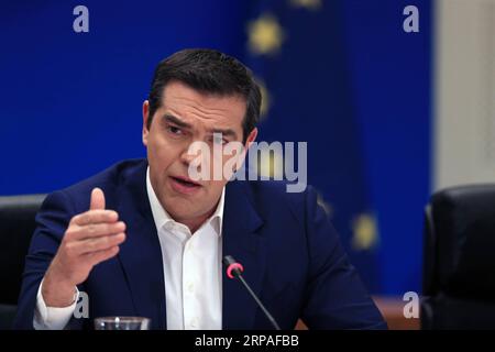 (190507) -- ATENE, 7 maggio 2019 -- il primo ministro greco Alexis Tsipras parla durante una conferenza stampa ad Atene, in Grecia, il 7 maggio 2019. Martedì il governo greco ha annunciato un pacchetto di misure per alleggerire l'onere per i contribuenti nell'era post-salvataggio. ) GRECIA-ATENE-SALVATAGGIO-CONFERENZA STAMPA MariosxLolos PUBLICATIONxNOTxINxCHN Foto Stock
