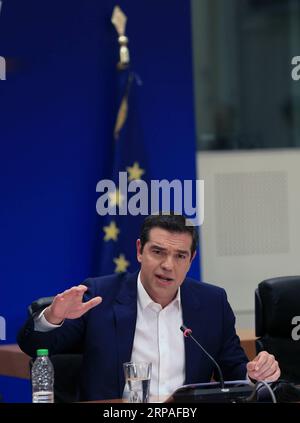 (190507) -- ATENE, 7 maggio 2019 -- il primo ministro greco Alexis Tsipras parla durante una conferenza stampa ad Atene, in Grecia, il 7 maggio 2019. Martedì il governo greco ha annunciato un pacchetto di misure per alleggerire l'onere per i contribuenti nell'era post-salvataggio. ) GRECIA-ATENE-SALVATAGGIO-CONFERENZA STAMPA MariosxLolos PUBLICATIONxNOTxINxCHN Foto Stock