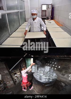 (190513) -- DAHUA, 13 maggio 2019 (Xinhua) -- la foto combinata mostra un membro dello staff che prepara il pranzo per i bambini il 7 maggio 2019 (superiore) e una ragazza che aiuta a preparare il pranzo il 24 novembre 2014 presso la scuola primaria di Bahao nella contea autonoma di Dahua Yao, nella regione autonoma di Guangxi Zhuang nel sud della Cina. A causa delle difficili condizioni ambientali come la desertificazione rocciosa e la forma montuosa del terreno, la contea di Dahua nel Guangxi è stata a lungo un'area meno sviluppata. Negli ultimi anni, il governo locale ha attuato molte misure per il lavoro di riduzione della povertà. Il governo ha aiutato la gente del posto a costruire ro Foto Stock