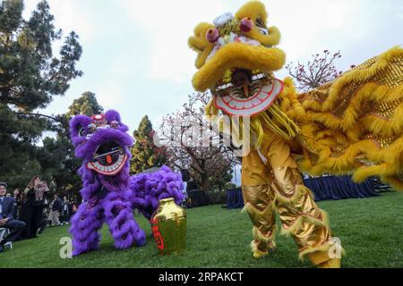 (190514) -- PECHINO, 14 maggio 2019 (Xinhua) -- i membri della famiglia di Abboud eseguono la danza del leone durante la dodicesima conferenza nazionale della lingua cinese a San Diego, negli Stati Uniti, 9 maggio 2019. La performance ha attirato gli occhi di più di 1.300 partecipanti alla dodicesima Conferenza Nazionale della lingua Cinese tenutasi nella città occidentale degli Stati Uniti di San Diego il 9-11 maggio, che è il più grande raduno annuale nel campo della lingua e della cultura cinese in Nord America. (Xinhua/Zhao Hanrong) XINHUA FOTO DEL GIORNO PUBLICATIONxNOTxINxCHN Foto Stock