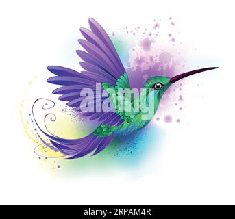 Colibrì verde disegnato artisticamente con ali viola e piumaggio iridescente testurizzato vola su sfondo bianco con spruzzi di vernice ad acquerello. Illustrazione Vettoriale