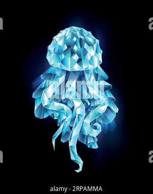 Meduse poligonali di ghiaccio blu scintillante su sfondo nero. Meduse poligonali. Illustrazione Vettoriale
