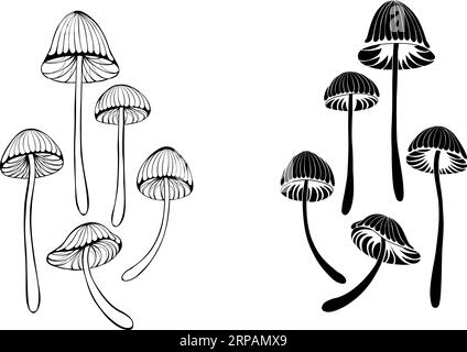 Set di silhouette e contorno, disegnati artisticamente, funghi allucinogeni Psilobe cubensis su sfondo bianco. Funghi toadstools. Illustrazione Vettoriale