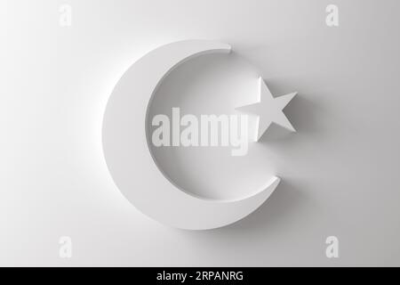 Mezzaluna bianca e stella su sfondo bianco, Islam, simbolo religioso, rappresentazione 3D, illustrazione 3D. Foto Stock