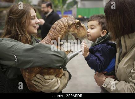 (190518) -- PECHINO, 18 maggio 2019 -- Un bambino interagisce con una riproduzione di un bambino di dinosauro durante la mostra Jurassic quest a Vancouver, Canada, 17 maggio 2019. ) XINHUA FOTO DEL GIORNO LiangxSen PUBLICATIONxNOTxINxCHN Foto Stock