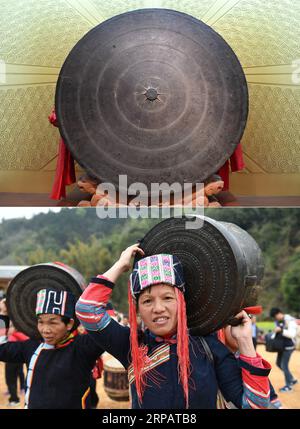 (190518) -- NANNING, 18 maggio 2019 (Xinhua) -- la foto combinata mostra un tamburo di bronzo esposto al Museo Antropologico del Guangxi a Nanning, nella regione autonoma del Guangxi Zhuang nella Cina meridionale, il 18 maggio 2019 (sopra), e persone che trasportano tamburi di bronzo per un evento al villaggio di Baying nella contea di Donglan, nella regione autonoma del Guangxi Zhuang nella Cina meridionale, il 28 febbraio 2017. (Xinhua/Lu Boan) CHINA-GUANGXI-NANNING-MUSEUM (CN) PUBLICATIONxNOTxINxCHN Foto Stock