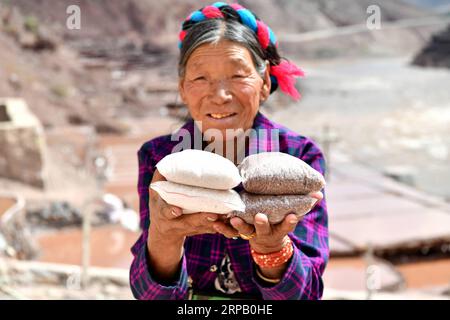 (190523) -- LHASA, 23 maggio 2019 (Xinhua) -- Un abitante del villaggio mostra i prodotti salati nella contea di Mangkam, nella regione autonoma del Tibet del sud-ovest della Cina, 22 maggio 2019. Un'antica tecnica di produzione del sale fin dalla dinastia Tang (618-907) è ben conservata nella contea di Mangkam. La popolazione locale segue un metodo di raccolta del sale raccogliendo salamoie dalle miniere di sale e dagli stagni e facendole evaporare al sole fino alla cristallizzazione. (Xinhua/li Xin) CHINA-TIBET-MANGKAM-SALT PRODUCTION (CN) PUBLICATIONxNOTxINxCHN Foto Stock