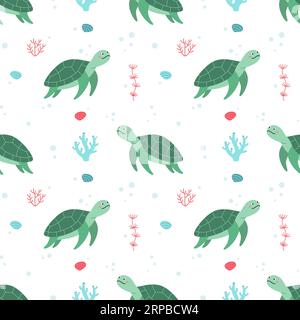 Motivo senza cuciture con tartarughe marine. Illustrazione vettoriale della graziosa tartaruga dei cartoni animati. Illustrazione per bambini, stile cartoni animati. Animale marino, creatura marina. Design piatto. Illustrazione Vettoriale
