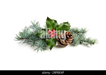 Decorazione natalizia di bacche di holly e cono di pino. Decorazione tradizionale festiva su sfondo bianco. Foto Stock