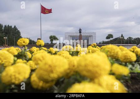 (190611) -- BISHKEK, 11 giugno 2019 (Xinhua) -- foto scattata il 9 giugno 2019 mostra la bandiera nazionale del Kirghizistan e la statua di Manas nella piazza Ala-Too a Bishkek, capitale del Kirghizistan. (Xinhua/Fei Maohua) KIRGHIZISTAN-BISHKEK-OVERVIEW PUBLICATIONxNOTxINxCHN Foto Stock