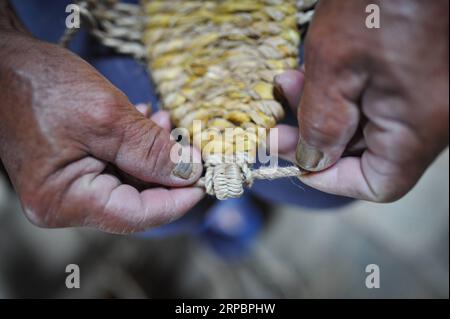 (190614) -- YUDU, 14 giugno 2019 (Xinhua) -- l'artigiano di sandali di paglia Xiao Nandou lavora su sandali di paglia nel villaggio di Hanxin, nella contea di Yudu nella provincia del Jiangxi della Cina orientale, 13 giugno 2019. Xiao Nandou, 75 anni, è uno dei pochi artigiani in grado di tessere sandali di paglia nella contea di Yudu. Suo padre, anche lui un artigiano di sandali di paglia, usava tessere 200 paia di sandali di paglia insieme ad altri abitanti del villaggio in pochi giorni affinché i soldati dell'Armata Rossa partissero per la lunga marcia, una manovra militare condotta dai lavoratori cinesi e dall'Armata Rossa contadina dal 1934 al 1936. (Xinhua/li Renzi) CINA-JIANGXI-LONG MARCH- Foto Stock