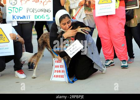 (190613) -- KUWAIT CITY, 13 giugno 2019 -- un attivista per i diritti degli animali abbraccia un cane durante una pacifica situazione a Kuwait City, Kuwait, il 13 giugno 2019. Dozzine di Kuwaitis e attivisti per i diritti degli animali giovedì hanno tenuto una posizione pacifica a Kuwait City, chiedendo di fermare l'avvelenamento di animali randagi. KUWAIT-KUWAIT CITY-RALLY-RALLY-RANDAGI ANIMALI-PROTEZIONE JOSEPHXSHAGRA PUBLICATIONXNOTXINXCHN Foto Stock