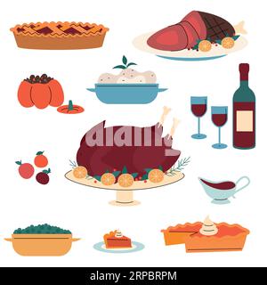 Set di elementi per il Ringraziamento. Icone del Ringraziamento. Set vettoriale di elementi autunnali con tacchino arrosto, zucca, vino, torta. Festival del raccolto. Illustrazione Vettoriale
