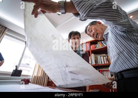 (190619) -- NANCHINO, 19 giugno 2019 (Xinhua) -- Yao Huifen (L) e suo padre si scambiano un dipinto nel suo laboratorio nella città di Zhenhu di Suzhou, nella provincia di Jiangsu della Cina orientale, 29 maggio 2019. Il ricamo di Suzhou, uno dei quattro ricami più famosi della Cina, ha origine a Suzhou e ha una storia di oltre 2.000 anni. Noto per il suo elegante motivo, il design artistico, la raffinata lavorazione a mano e i vari punti, è stato inserito tra i patrimoni culturali immateriali nazionali della Cina nel 2006. Yao Huifen, erede rappresentativo del mestiere, nacque a Suzhou nel 1967 in una famiglia di ricami. Influenzata da b Foto Stock