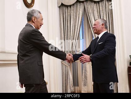 (190620) -- SINGAPORE, 20 giugno 2019 -- il primo ministro di Singapore Lee Hsien Loong (L) incontra il re Abd Allah II di Giordania a Singapore il 20 giugno 2019. ) SINGAPORE-GIORDANIA-RE ABDULLAH II-VISITA THENXCHIHXWEY PUBLICATIONXNOTXINXCHN Foto Stock