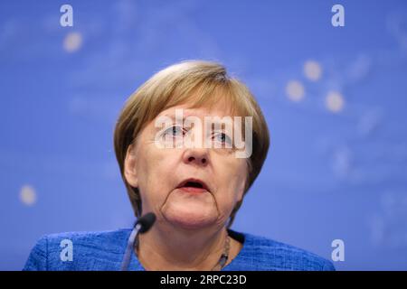 (190621) -- BRUXELLES, 21 giugno 2019 (Xinhua) -- la cancelliera tedesca Angela Merkel partecipa a una conferenza stampa dopo il vertice estivo dell'UE a Bruxelles, in Belgio, il 21 giugno 2019. (Xinhua/Zhang Cheng) VERTICE BELGA-BRUXELLES-UE-ESTATE PUBLICATIONxNOTxINxCHN Foto Stock