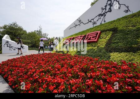 (190624) -- ZHENGZHOU, 24 giugno 2019 -- i visitatori visitano il Giardino di Henan durante la mostra internazionale di orticoltura di Pechino nel distretto di Yanqing, Pechino, capitale della Cina, 23 giugno 2019. Situato nella parte centrale della Cina, Henan si trova nella parte medio-bassa del fiume giallo, il secondo fiume più lungo del paese. Oltre alle abbondanti risorse storiche e culturali e ai paesaggi naturali, l'Henan, come principale provincia agricola, è anche considerata una delle principali aree produttrici di prodotti agricoli in Cina. Prendere le idee di acque lucide e montagne lussureggianti sono beni inestimabili , Hen Foto Stock