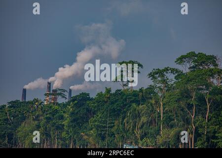 Emissione di enormi quantità di elementi tossici dai forni di mattoni sulla riva del fiume Sondha a Banaripara a Barisal, Bangladesh. Foto Stock