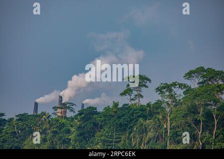 Emissione di enormi quantità di elementi tossici dai forni di mattoni sulla riva del fiume Sondha a Banaripara a Barisal, Bangladesh. Foto Stock