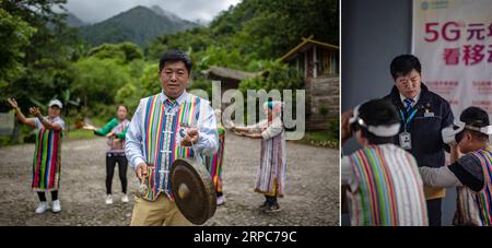 (190626) -- KUNMING, 26 giugno 2019 -- foto combinata scattata il 21 giugno 2019 mostra il ritratto di ma Chunhai (L), il gruppo etnico Dulong, e ma dirige le persone locali che sperimentano dispositivi VR 5G nella municipalità di Dulongjiang della contea di Gongshan, nella provincia dello Yunnan della Cina sud-occidentale. Ma lavora presso la China Mobile Service Hall nella Dulongjiang Township, dove quest'anno è stata aperta la stazione base 5G Experiences. Le minoranze zhiguo sono membri speciali dei 56 gruppi etnici cinesi. Il termine Zhiguo si riferisce a gruppi minoritari che, prima della modernizzazione, avevano vissuto in relativo isolamento e saltato il periodo di transizione associato Foto Stock