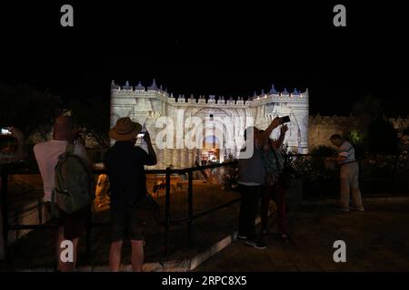 (190627) -- GERUSALEMME, 27 giugno 2019 (Xinhua) -- i visitatori scattano foto della porta di Damasco durante il Jerusalem Light Festival fuori dalla città Vecchia di Gerusalemme il 27 giugno 2019. (Xinhua/Muammar Awad) MIDEAST-JERUSALEM-LIGHT FESTIVAL PUBLICATIONxNOTxINxCHN Foto Stock