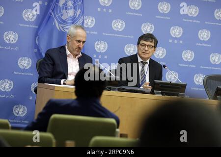 (190628) -- NAZIONI UNITE, 28 giugno 2019 -- Frank Laczko (R), direttore del Global Migration Data Analysis Centre presso l'Organizzazione internazionale per la migrazione (IOM), presenta i giornalisti sul lancio del rapporto Fatal Journeys volume 4 , presso la sede delle Nazioni Unite a New York, 28 giugno 2019. Circa 1.600 bambini migranti sono stati segnalati morti o dispersi tra il 2014 e il 2018, una media di quasi uno al giorno, ma molti altri non sono registrati, il nuovo rapporto delle Nazioni Unite ha rivelato venerdì. ) UN-IOM-REPORT-VIAGGI FATALI-LANCIO LIXMUZI PUBLICATIONXNOTXINXCHN Foto Stock